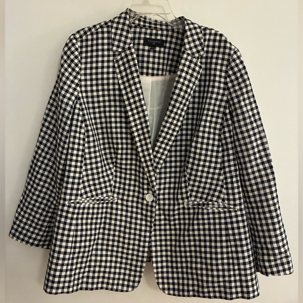 Talbots Black & White Gingham Single-Button Linen Blazer
